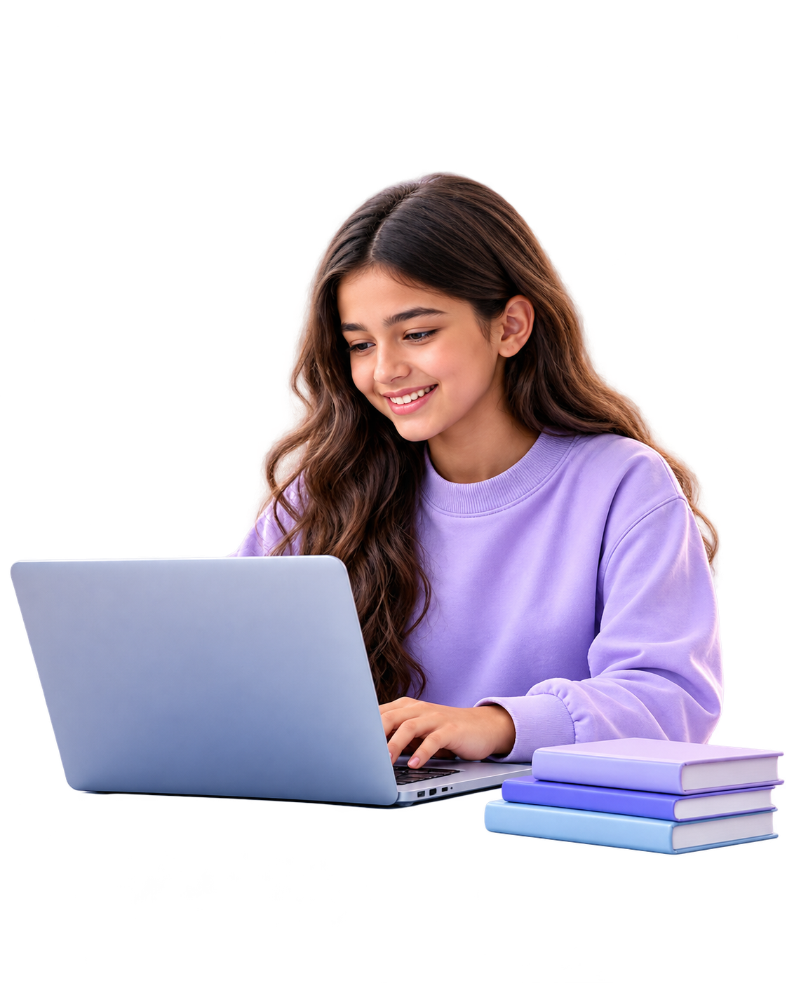 A student smiling while studying on a laptop with a stack of books